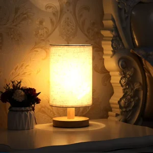 Bedside Table Lamp Modern Nightstand Lamp with Linen Fabric Shade Wooden Desk Lamps DC Powered LED for Bedrooms Office