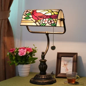 Birds and Flowers Tiffany Style Stained Glass Banker Desk Lamp With 10 inches Wide Lampshade for Reading Working Table Lamps