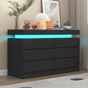 Black 6-Drawer Wood Dresser Organizer Cabinet with LED Light and Power Outlet