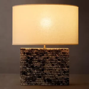 Black Marble Table Lamp Minimalist Dimmable Rectangular Base with Linen Shade for Bedside Living Room Indoor Decoration Light