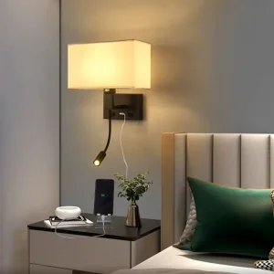 Black Mounted Wall Sconces Wall Lamp With USB Port and Reading Lamp Fabric Bedside Wall Lights With Switches for Bedroom