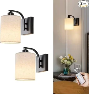 Black Rechargeable Iron Wall Sconces Set 2 Remote Wireless Battery Operated E26 Base Contemporary Wall Lights for Bedroom Living
