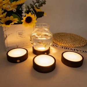 Black Solid Rechargeable Wood LED Light Base Round Display Stand for Aroma Stone Crystal Glass Art DIY Decorative Night Light