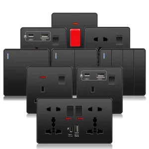 Black Wall Switch 240V 18W USB-C Outlet 1 Gang Dimmer Speed Switch UK Cat 6 Socket