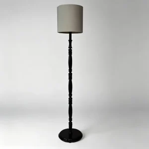 Black Wooden Floor Lamp with Linen Fabric Shade LED 3000K Warm Light Vintage Turned Wood Column for Living Room