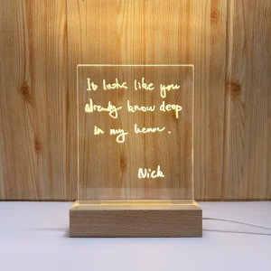 Blank Rewritable Transparent Acrylic Message Board with Wooden Base Night Light