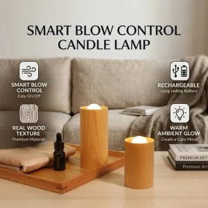 Blow-Control LED Candle Lamp Flickering Flameless Real Wood Warm White Rechargeable Night Light