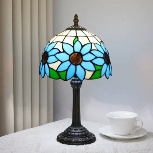 Blue Sunflowers Table Lamp for Bedroom Decor Tiffany Handmade Stained Glass Desk Lamps Valentines Day Birthday Gifts for Women