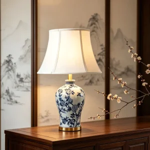 Blue White Porcelain Ceramic Table Lamp Fabric Lampshade Vintage Desk Light for Bedroom Living Room Home Indoor Decoration