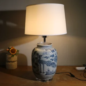 Blue and White Peacock Floral Ceramic Table Lamp Porcelain Desk Lamp with Crystal Base Fabric Shade for Bedroom Home Decor