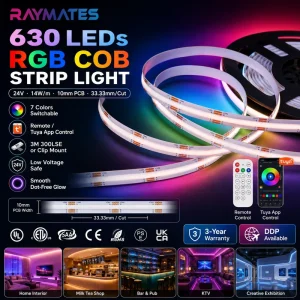 Bluetooth-Controlled 630-Chip RGB COB Flexible LED Strip DC12V/24V Color-Changing Music Light