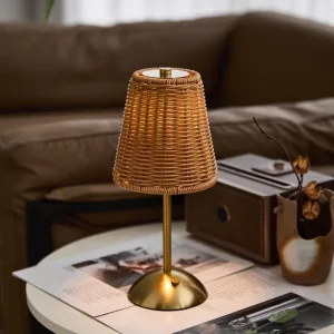 Bohemian Plastic Wicker-Style Table Lamp with Metal Base and LED Night Light