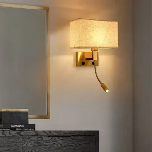 Bronze Surface Mounted Metal Fabric Lampshade Usb Charge Wall Lights for Bedside American Interior