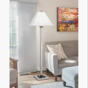 Brushed Nickel Floor Lamp with Cream Linen Shade Foot On Off Switch Modern Standing Floor Light for Living Room Bedroom