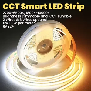 COB 5CCT LED Strip, 24V Dual-Color Tunable 1800K-10000K, Adjustable Brightness