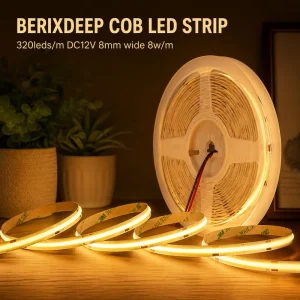 COB LED Strip 320 LEDs/m 12V 8mm Wide Dimmable Flexible Self-Adhesive Tape Light for Indoor Cabinet Lighting