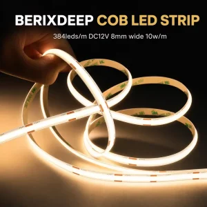 COB LED Strip 384 LEDs M 12V 8mm Wide 10W M Dimmable Dotless CRI 92+ Flexible IP20 Self adhesive Strip Light for Mirror Lighting