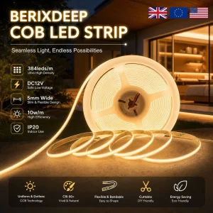 COB LED Strip 384 LEDs M DC12V 5mm Wide 10W M CRI 92+ Dotless Flexible IP20 Cuttable Self adhesive Strip Light for Living Room