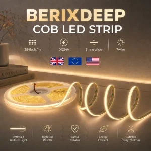 COB LED Strip 384 LEDs M DC24V 3mm Wide Dotless CRI 92+ Flexible IP20 Self adhesive Strip Light for Shelf Workbench Decoration