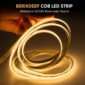 COB LED Strip 384 LEDs M DC24V 8mm Wide Dotless CRI 92+ Flexible IP20 Self adhesive Strip Light for Shelf Workbench Decoration