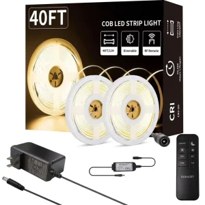 COB LED Strip 5760 LEDs 40 Feet Long Adjustable Brightness 3000K Warm White Voice Plastic 24V for Bedroom Cabinets Countertops