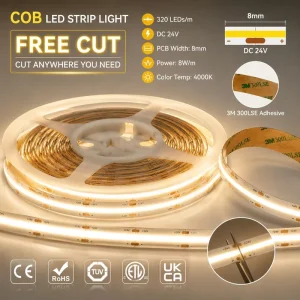 COB LED Strip Light 320 LEDs Flexible Dotless LED Tape 8mm Width 24V High-Density Linear Lighting USB 3000K/4000K/6500K