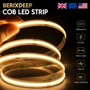 COB LED Strip Light 480 LEDs/m DC24V 8mm Wide 10W/m Side-Emitting Dotless Cuttable IP20