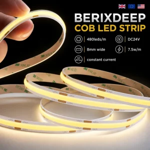 COB LED Strip Light 480 LEDs/m DC24V 8mm Wide 7.5W/m Constant Current CRI92+ Dotless IP20