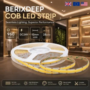 COB LED Strip Light 960 LEDs/m DC24V 12mm Wide Dotless CRI 92+ IP20 Cuttable Dimmable