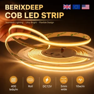 COB LED Strip Lights Roll 400 LEDs/m 5mm Wide DC12V 10W/m CRI 92+ Dotless IP20 Dimmable Flexible Cabinet Interior Decoration
