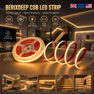 COB LED Strip Roll 296 Leds m 8mm Wide AC110V High Voltage Flexible Dotless IP67 Self adhesive Led Light for Interior Lighting