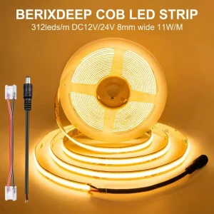 COB LED Strip Roll 312 LEDs M 8mm Wide DC24V Flexible Dimmable CRI92+ IP20 Cuttable LED Light for Bedroom Kitchen DIY Lighting