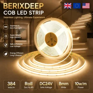 COB LED Strip Roll 384 LEDs M DC24V 8mm Wide Dotless CRI 92+ IP20 Self adhesive Dimmable for Shelf Workbench Caravan Decoration