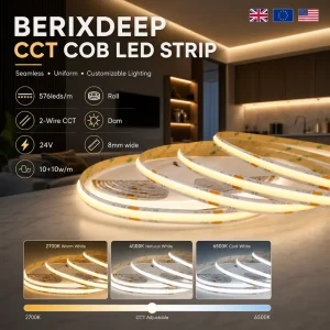COB LED Strip Roll 576 LEDs/m 24V 8mm 2-Wire CCT Cuttable IP20 Flexible Dimmable Flicker-Free