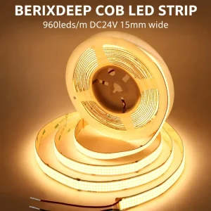 COB LED Strip Roll 960 LEDs m DC24V 15mm Wide Dotless CRI 92+ IP20 Cuttable Dimmable Flexible Strip Light for Industrial Decor