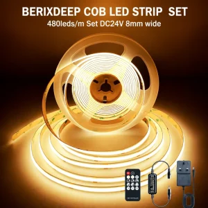COB LED Strip Set 480LEDs M with Power Supply and Remote 24V 8mm Wide Dotless 5m Dimmable CRI>92 Flexible Warm White for Bedroom