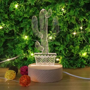 Cactus Clear Acrylic LED Night Light with Wooden Base, USB and Switch