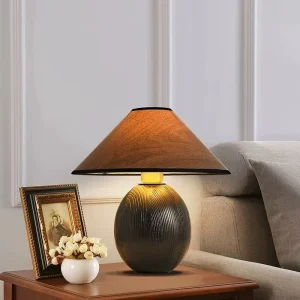 Carved Round Wooden Table Lamp Conical Fabric Shade LED Desk Lamp Vintage Decor Lighting for Bedroom Bedside Living Room Lamp