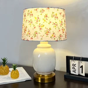 Ceramic Table Lamp Floral Fabric Lampshade Gold Metal Base Decorative Bedside Lamp for Bedroom Living Room