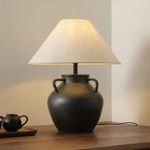 Chinese Style Coarse Ceramic Table Lamp Earthenware Desk Lamp Retro Living Room Bedroom and Hotel