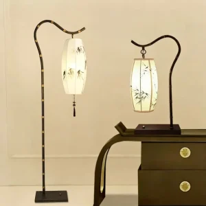 Chinese Style Floor Lamp Bronze Bamboo Stand with Fabric Lantern Shade Zen LED Standing Lamp for Living Room Bedroom