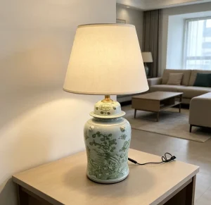 Chinoiserie Green Floral Ginger Jar Table Lamp with Linen Shade Vintage Ceramic Lamp