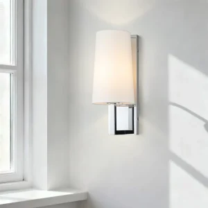 Chrome Wall Sconce Modern Linen Fabric Shade Wall Lamp Single Bathroom Sconce Light Fixture for Bedroom Hallway Living Room