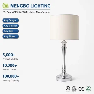 Classic Silver Metal Table Lamp with White Fabric Shade Elegant Desk Light for Bedroom Living Room Hotel