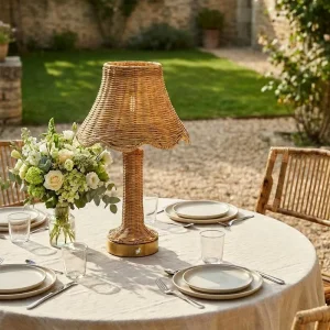 Classic Style Round Cordless Rechargeable Table Lamp Fabric Rattan Shade Dress Trim 2700K Gold Touch Home Wedding Restaurant