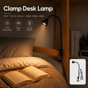 Clip on Desk Light Gooseneck 3.5W 3 Color Temps for Reading Clip Lamp Clamp Desk Lamp Work Light