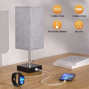 Cloth-shaded Table Lamp with Touch-sensitive Three-level Dimming USB Rechargeable AC Plug Suitable for Bedroom Bedside Tables