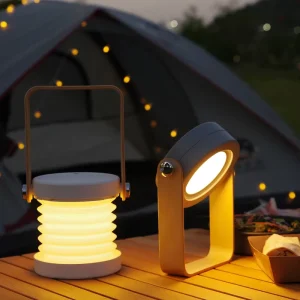 Collapsible Battery-Powered LED Camping Lantern with Foldable Table Light, Wooden Handle, and USB