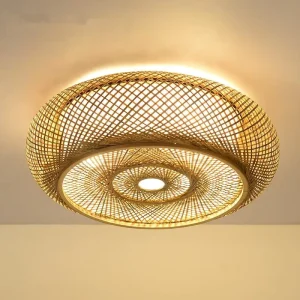 Contemporary Modern Round Rattan and Bamboo Ceiling Light for Bedroom and Living Room Warm White with E26 Base for Home Bar