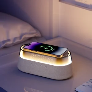 Cool Tech Gift Desk Gadget 6 in 1 Wireless Charger with Speaker Lamp Clock FM Radio Temperature Display